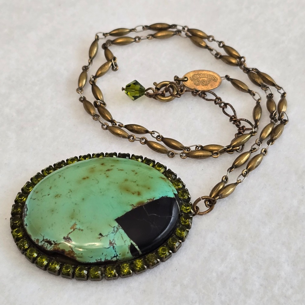 Liz Palacios SF Brass Faux Turquoise Oval Pendant Necklace Green Crystal Jewelry